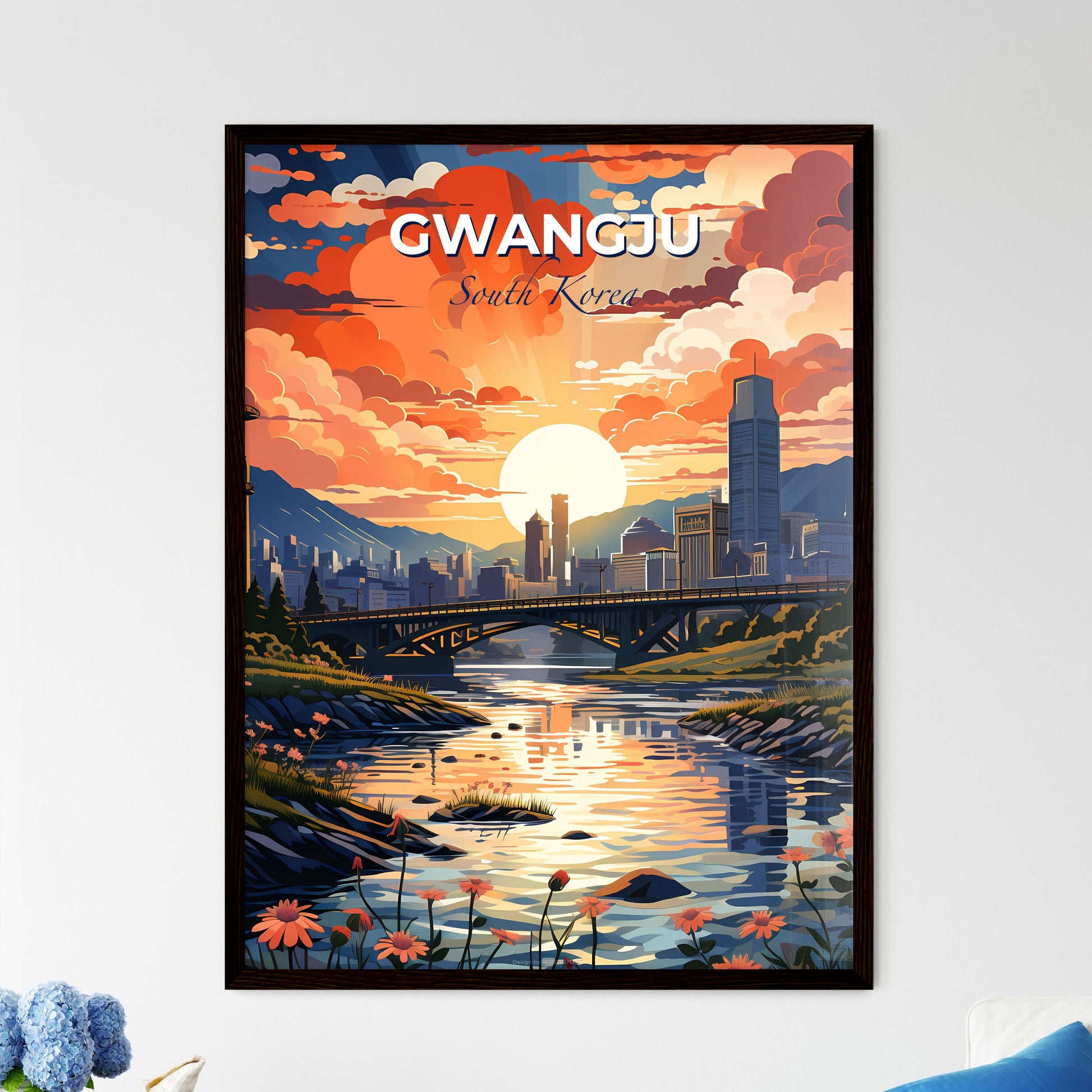 Gwangju South Korea Cityscape Artwork River Bridge Urban Skyline Painting Vibrant Art Default Title