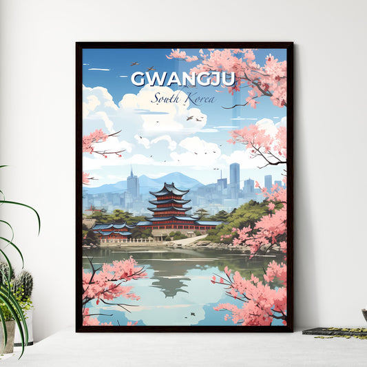 South Korean Cityscape Pink Flowers Modern Art Gwangju Lake Skyline Painting Default Title