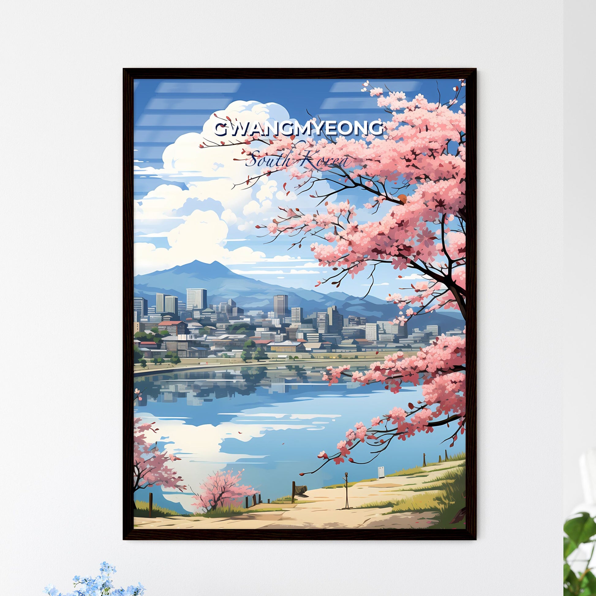 Artistic Gwangmyeong South Korea City Skyline Scenic Pink Tree Body of Water Default Title