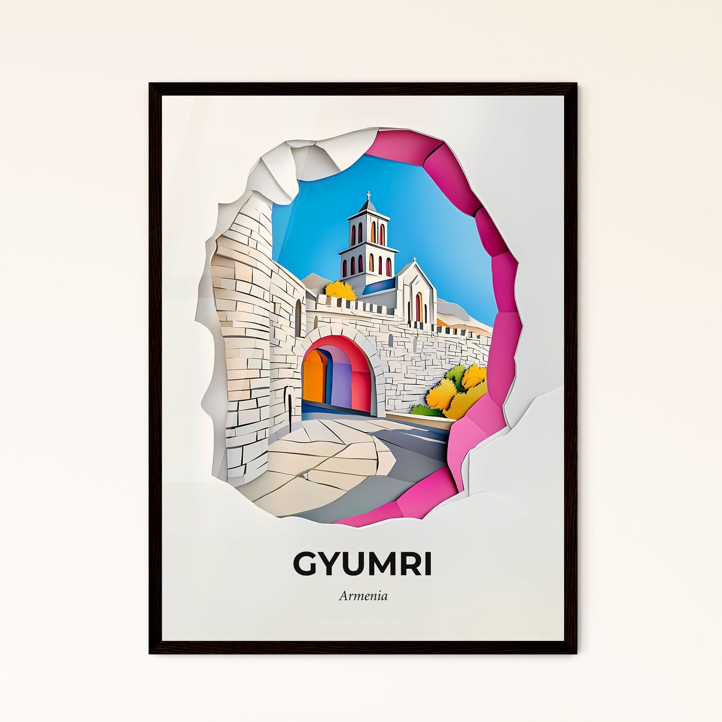 Vivid Gyumri, Armenia - a paper cut of a church with a clock tower