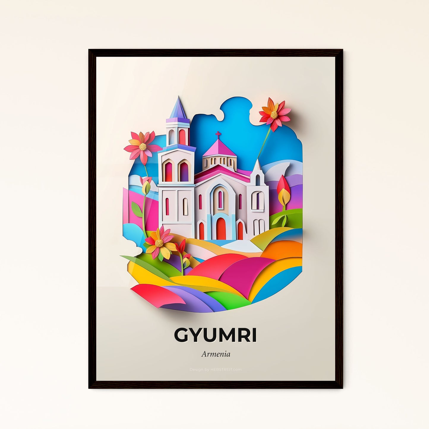 Vivid Gyumri, Armenia - a paper cut of a church with a flower