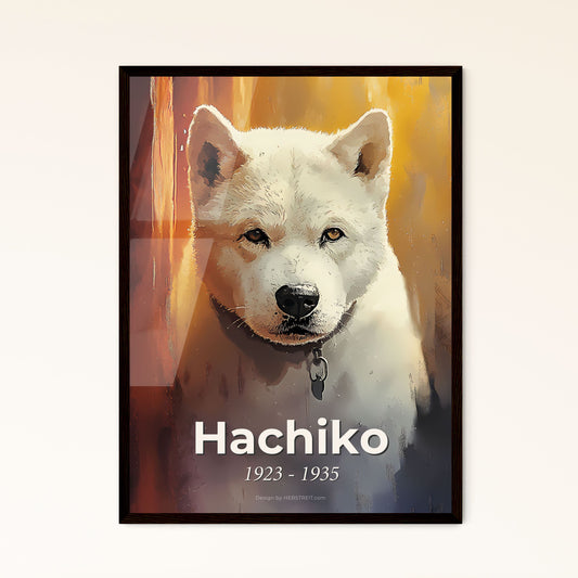 Portrait of Hachiko, 1923 - 1935. Impressionistic painting of a white dog with a collar.