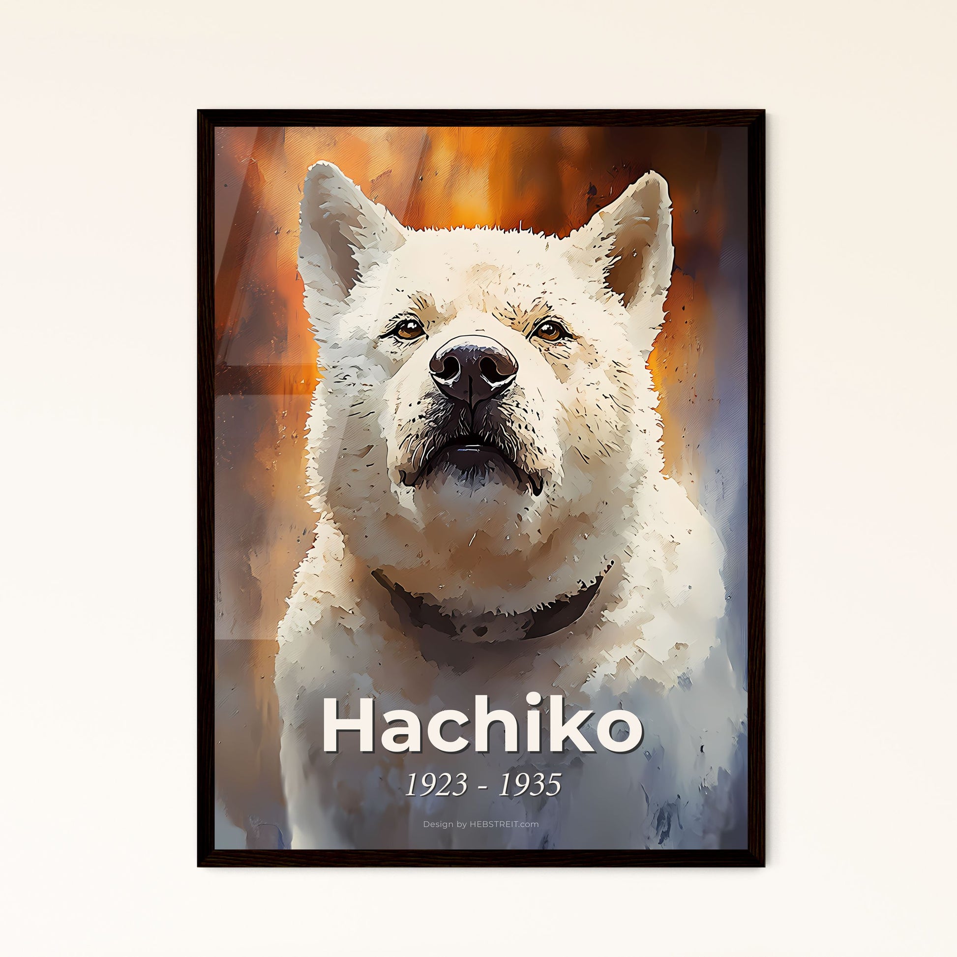 Portrait of Hachiko, 1923 - 1935. Impressionistic painting of a white dog with a black collar.