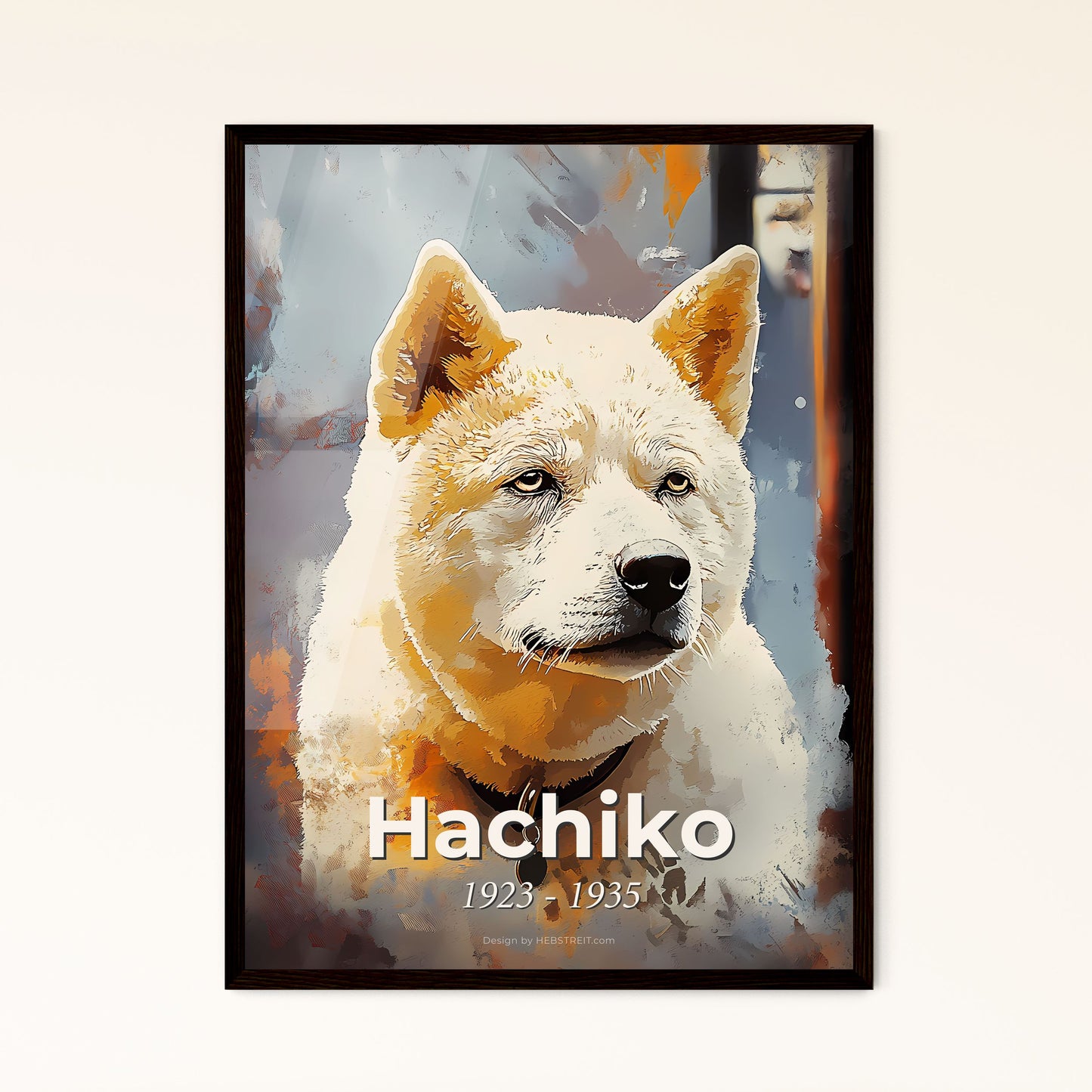 Portrait of Hachiko, 1923 - 1935. Impressionistic painting of a dog looking at the camera.