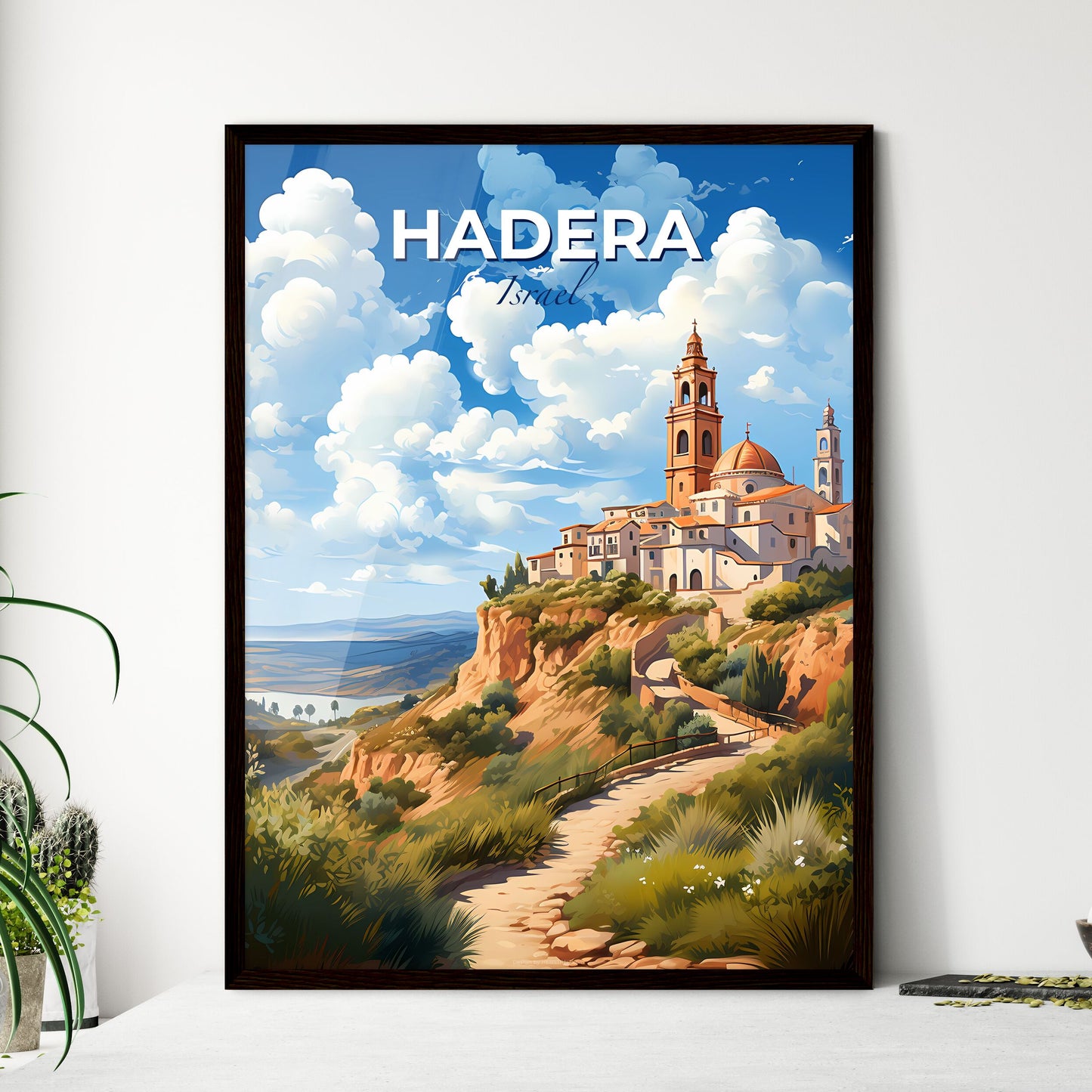 Vibrant Painting of Hadera Israel Skyline Depicting Building on Hill Default Title