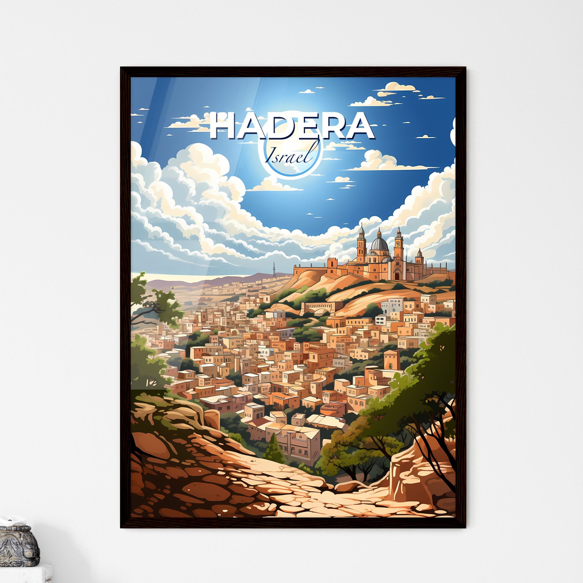 Colorful Skyline Art Painting of Hadera Israel, Cityscape with Building, Trees and Hilltop Architecture Default Title