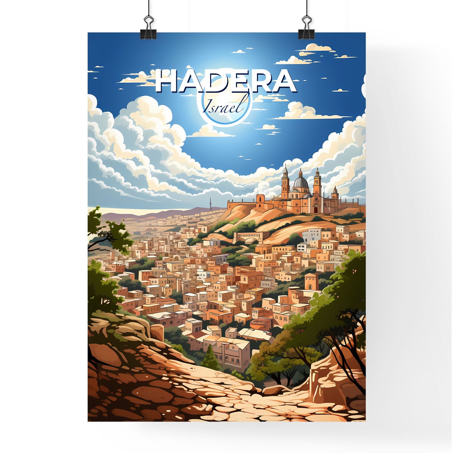 Colorful Skyline Art Painting of Hadera Israel, Cityscape with Building, Trees and Hilltop Architecture Default Title