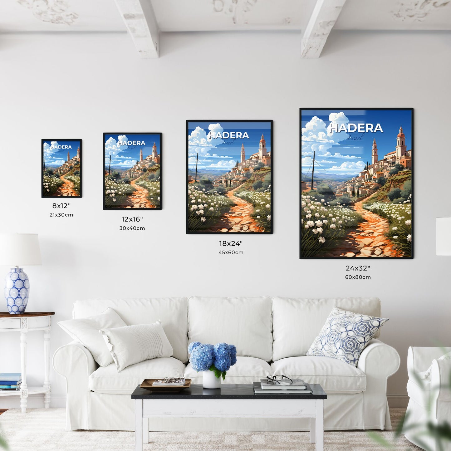 Abstract Hadera Skyline Vibrant Watercolor Art Town Road Panorama Painting Default Title