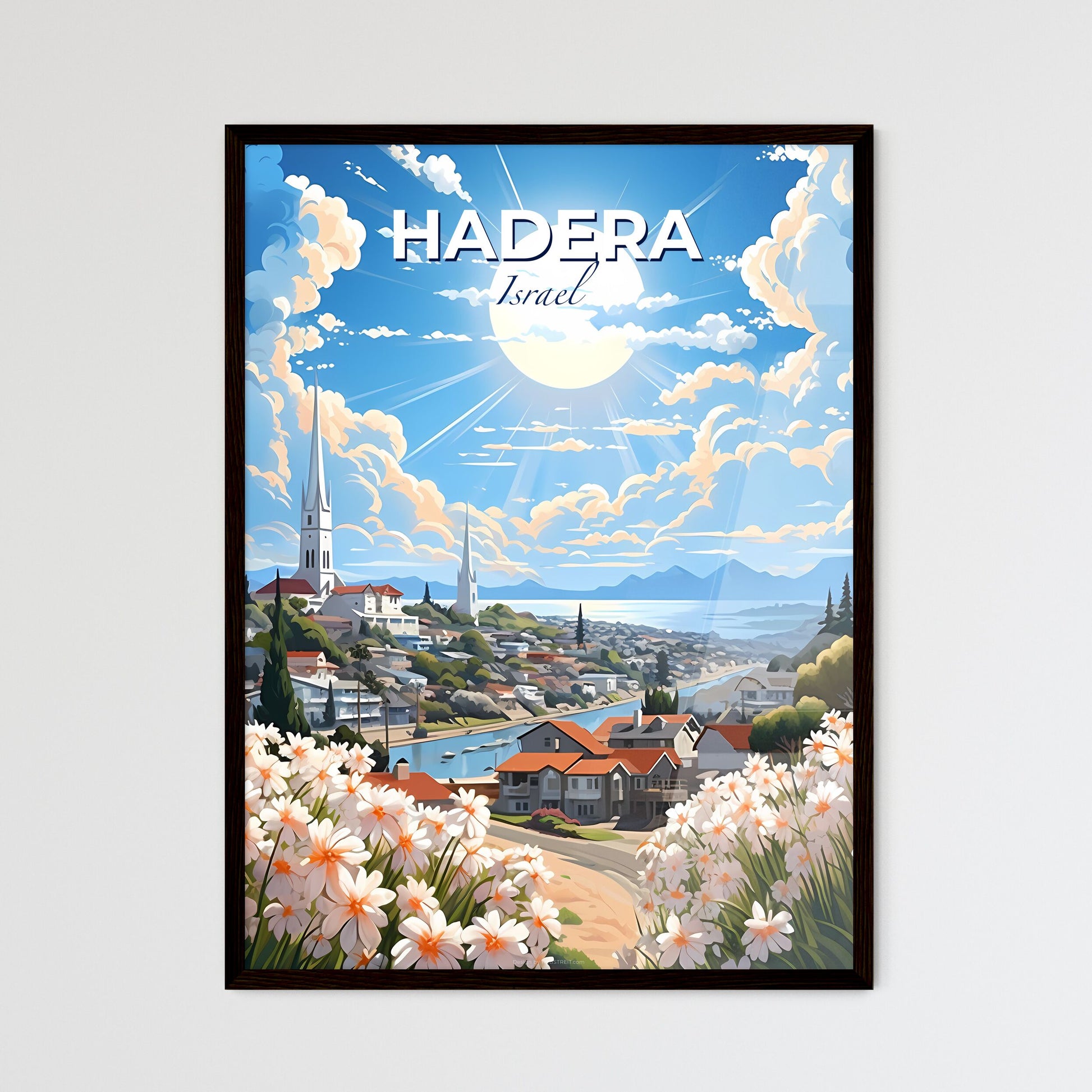 Vibrant Art Landscape of Hadera Skyline with Flowers and River Default Title