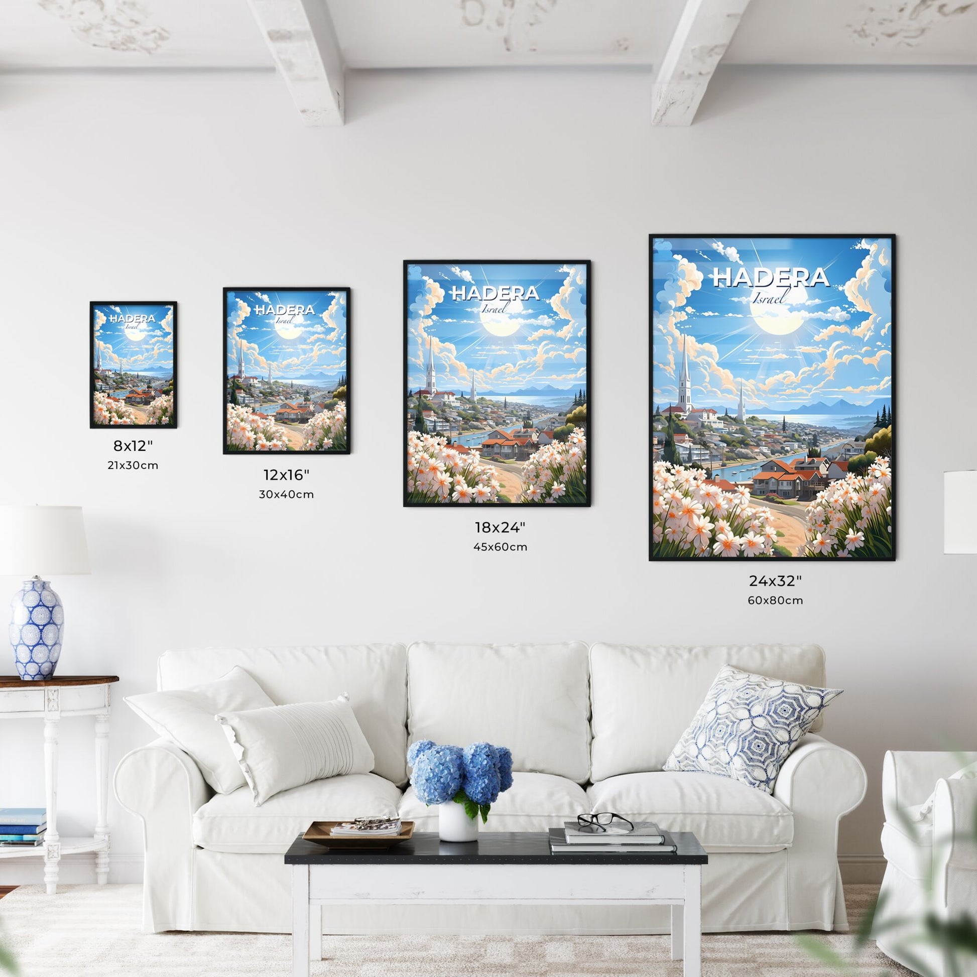 Vibrant Art Landscape of Hadera Skyline with Flowers and River Default Title