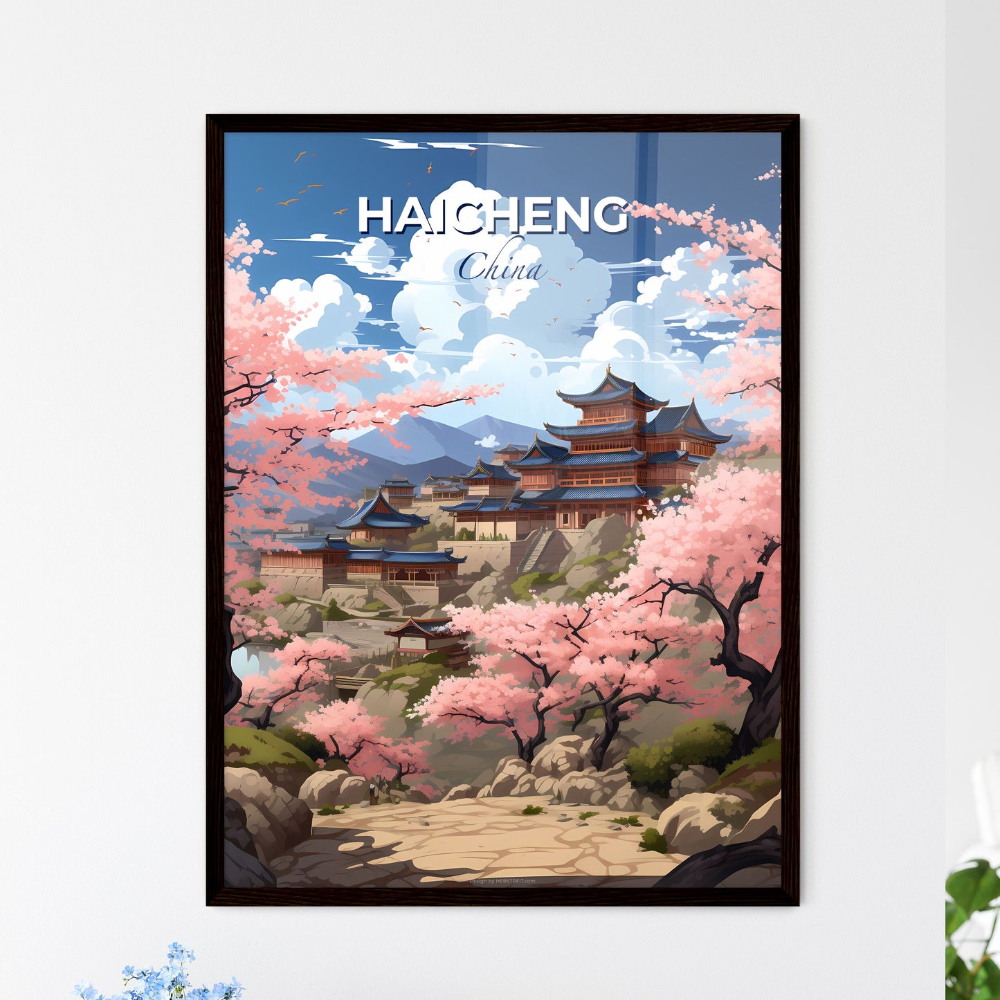 Vibrant Art-Inspired Landscape Painting: Japanese Village with Pink Blossom Trees in Haicheng China Default Title