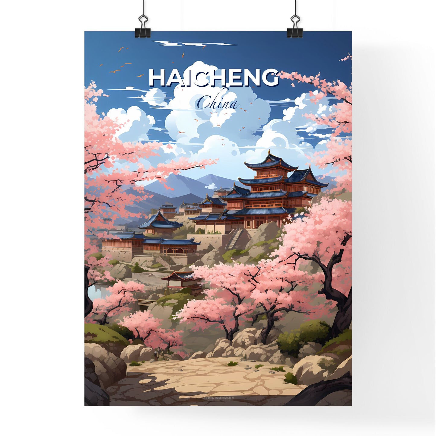 Vibrant Art-Inspired Landscape Painting: Japanese Village with Pink Blossom Trees in Haicheng China Default Title