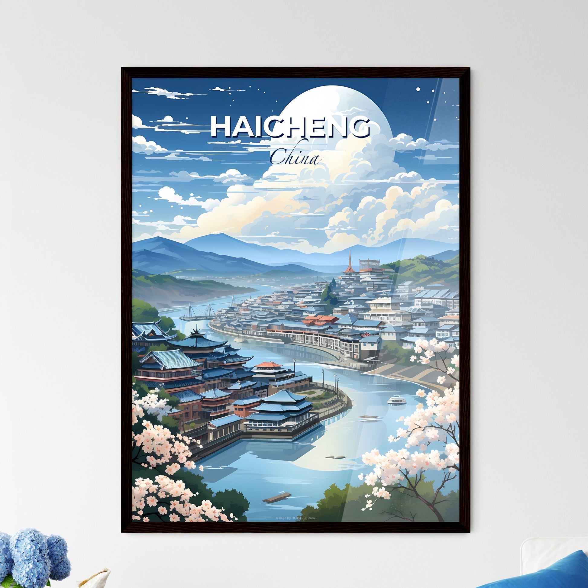 Stylized Cityscape Painting of Haicheng, China with River and Vibrant Colors Default Title