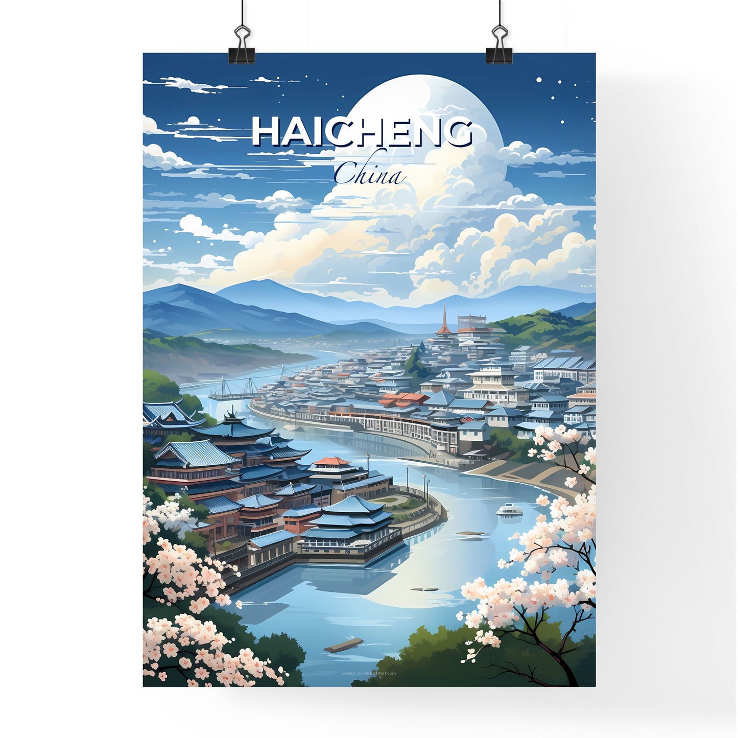 Stylized Cityscape Painting of Haicheng, China with River and Vibrant Colors Default Title