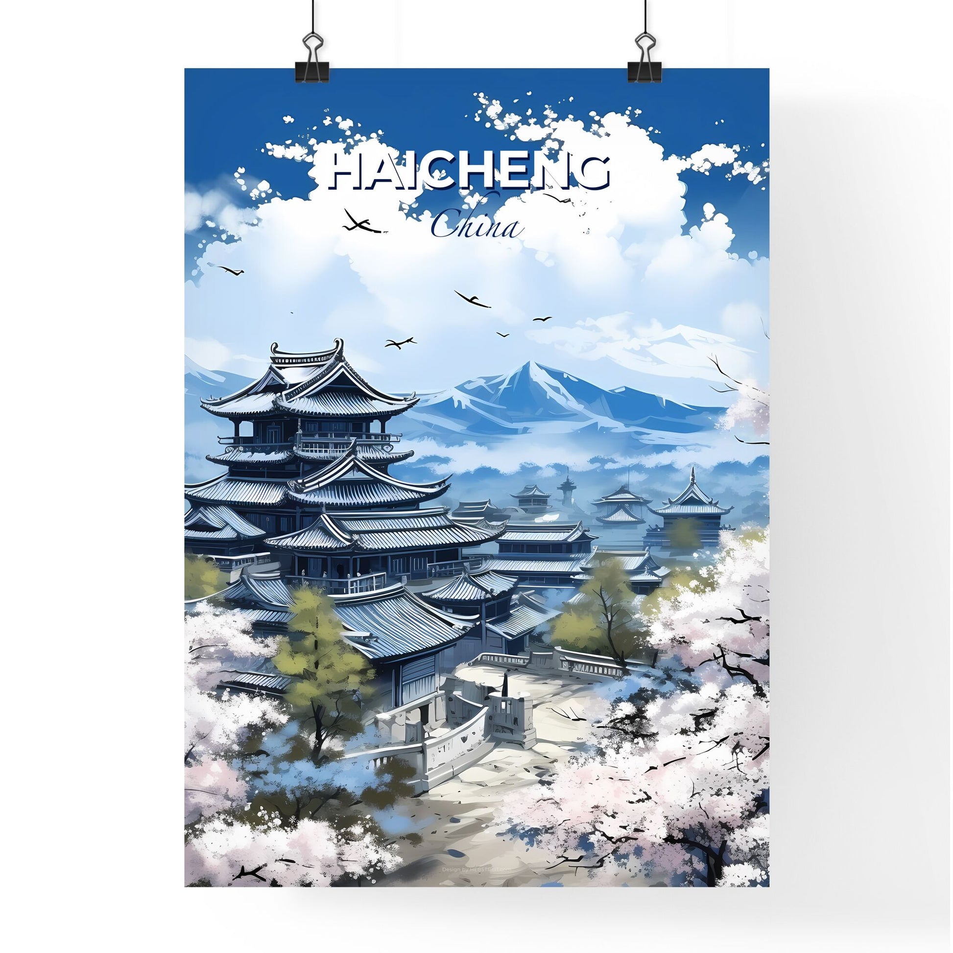 Haicheng Skyline Art Painting China Pagoda Mountains Vibrant Default Title