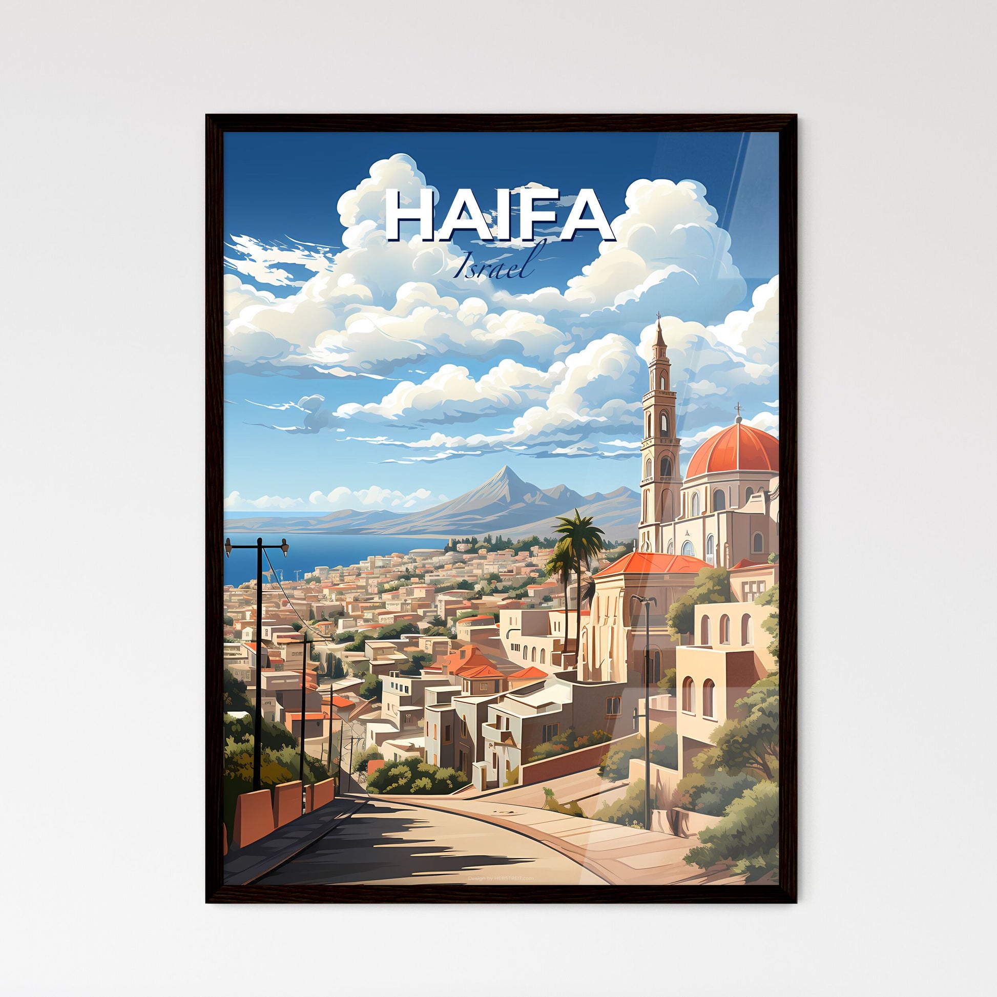 Vibrant Haifa Skyline Painting: Steeple and Mountain Cityscape Default Title