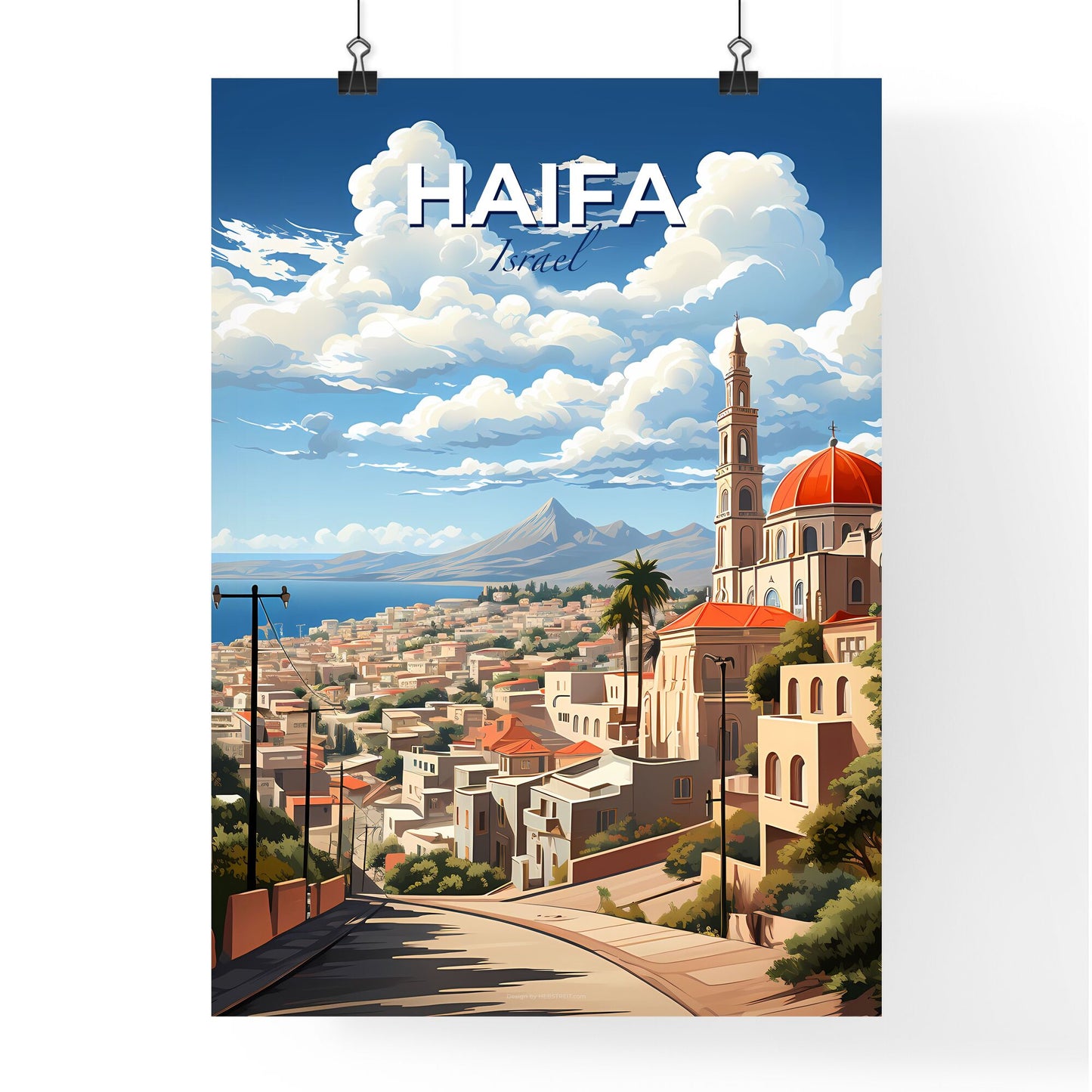 Vibrant Haifa Skyline Painting: Steeple and Mountain Cityscape Default Title