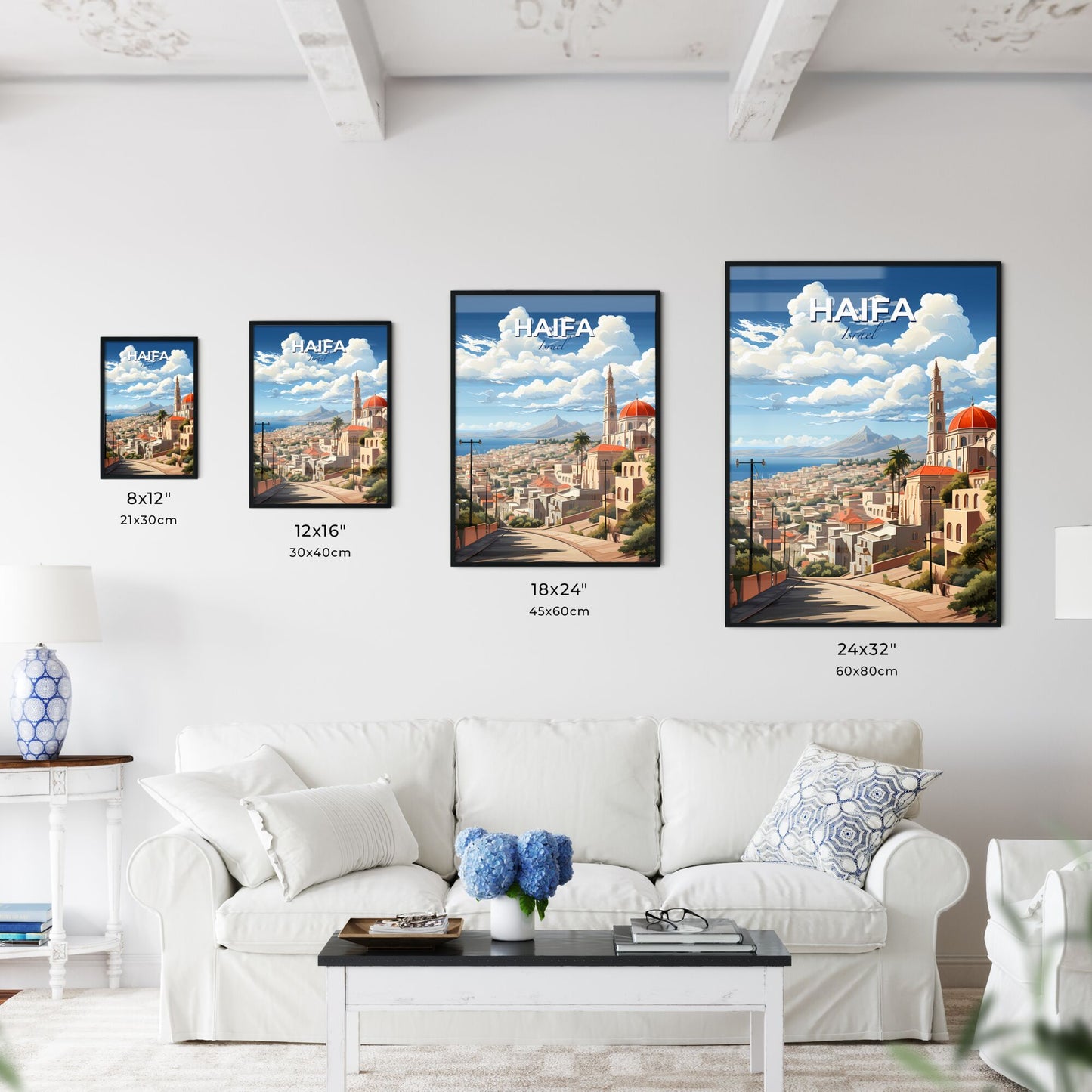 Vibrant Haifa Skyline Painting: Steeple and Mountain Cityscape Default Title