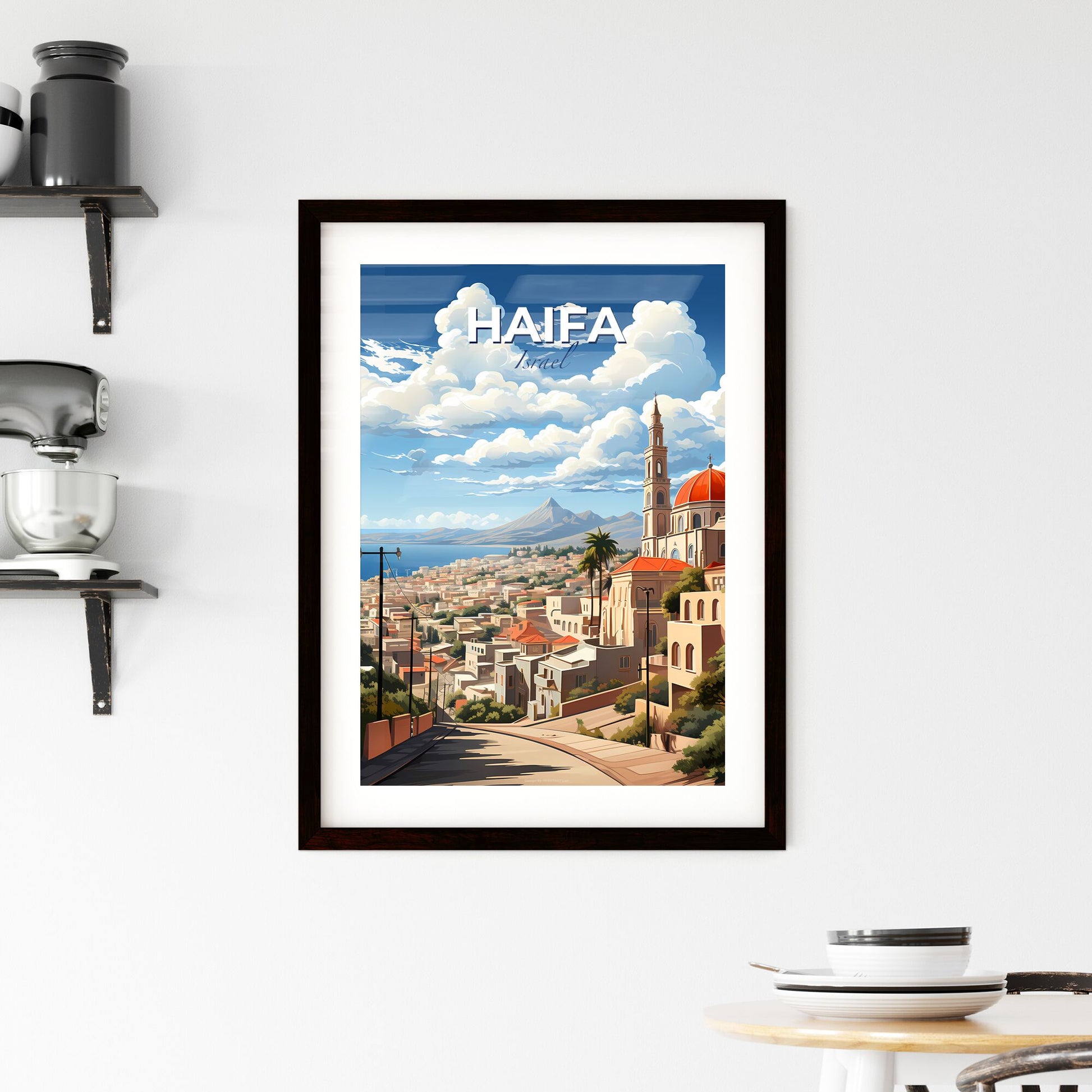 Vibrant Haifa Skyline Painting: Steeple and Mountain Cityscape Default Title