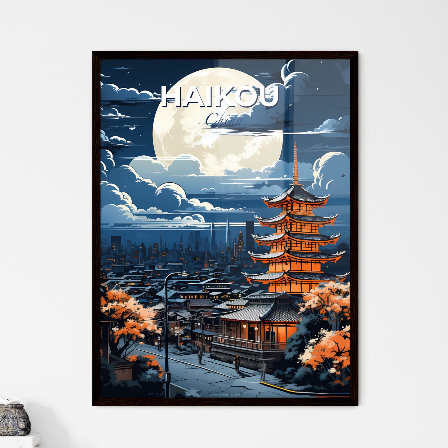 Vibrant Artistic Skyline Painting of Haikou China with Large Moon Default Title