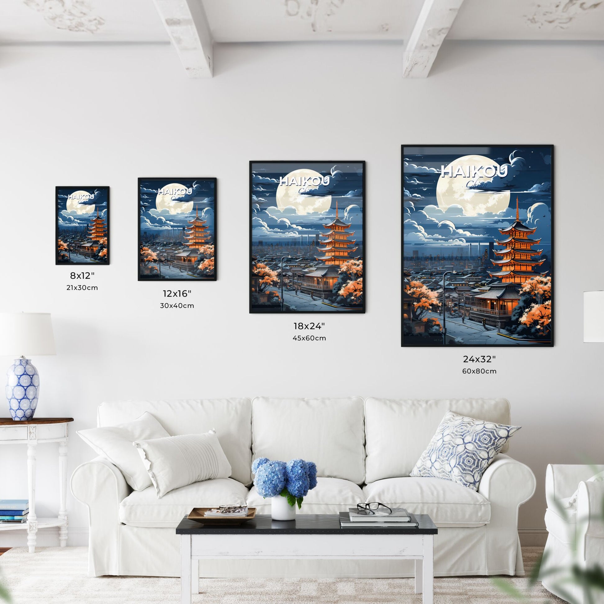 Vibrant Artistic Skyline Painting of Haikou China with Large Moon Default Title