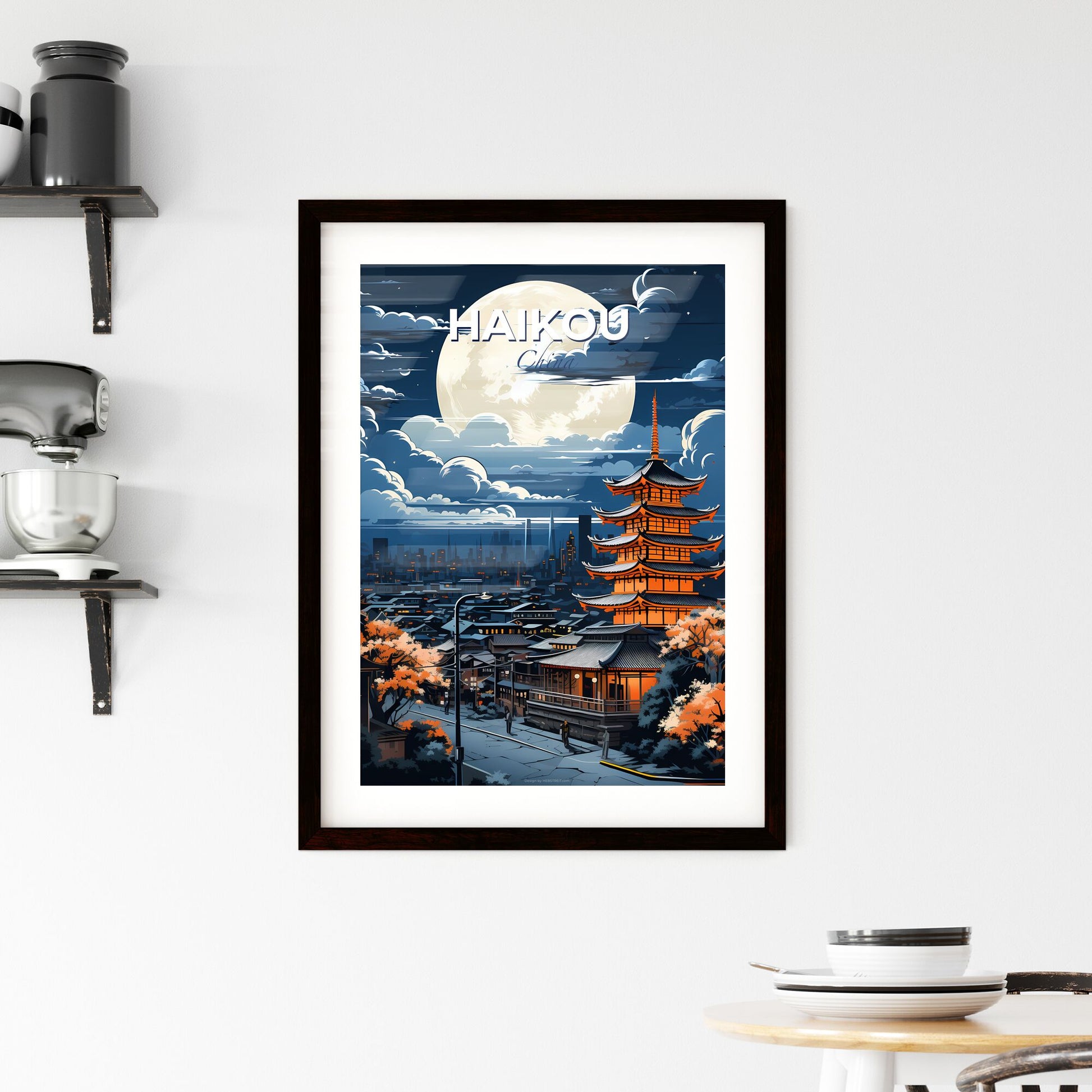 Vibrant Artistic Skyline Painting of Haikou China with Large Moon Default Title