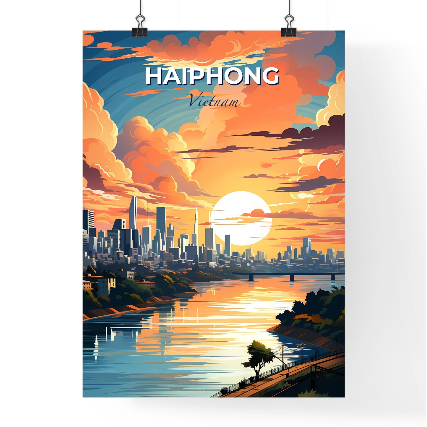 Expressive Cityscape Art: Hai Phong Vietnam Skyline with River and Bridge Default Title