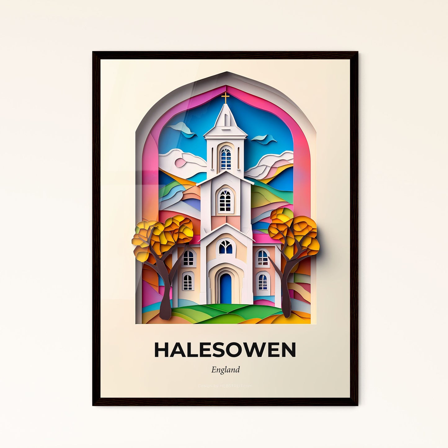 Vivid Halesowen, England - a paper cut of a church with trees