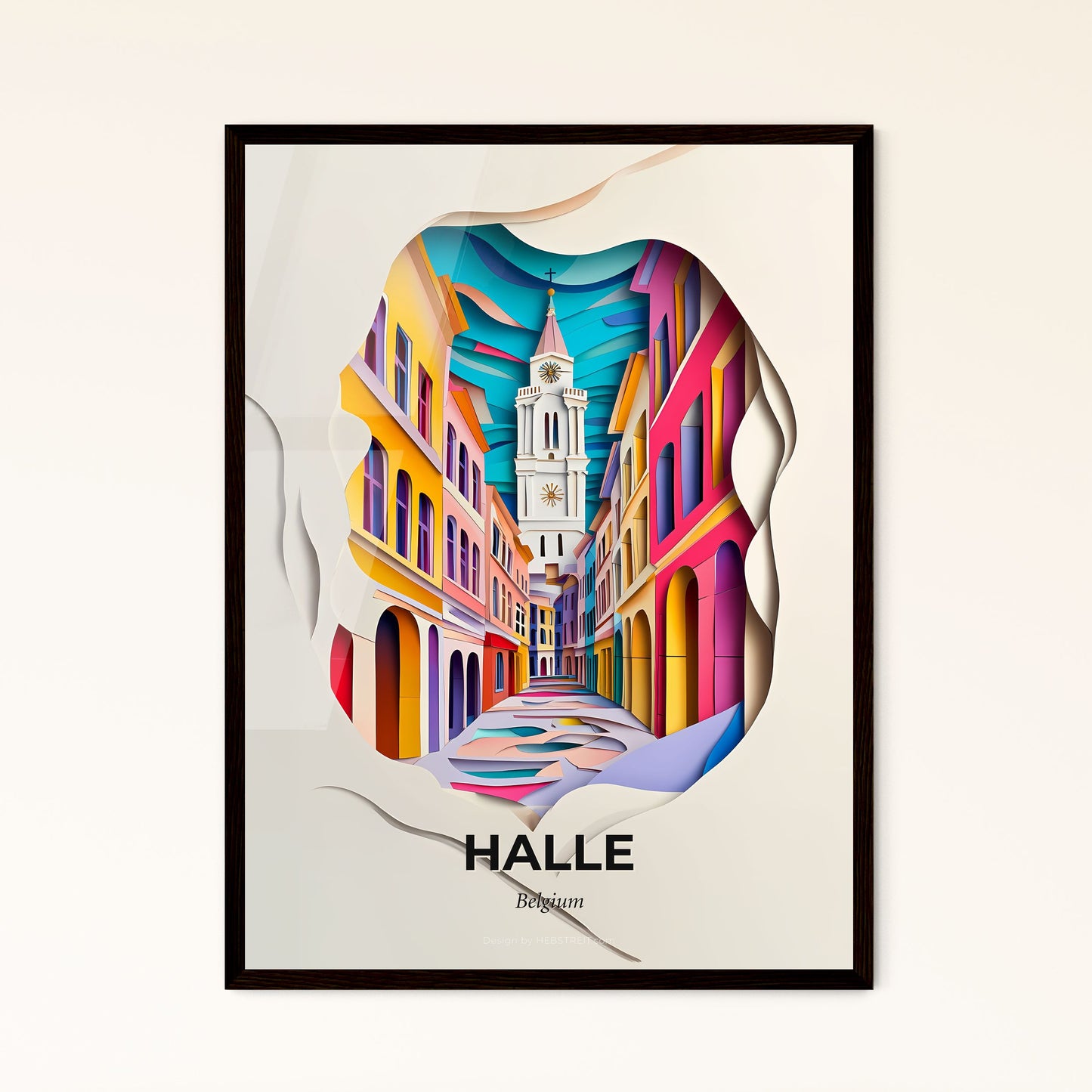 Vivid Halle , Belgium - a paper cut of a city street with a clock tower