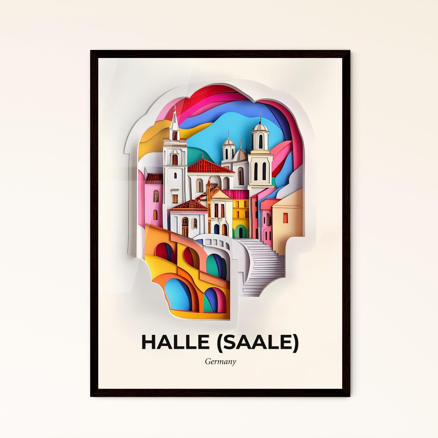 Vivid Halle (Saale), Germany - a paper cut of a city with a rainbow colored sky