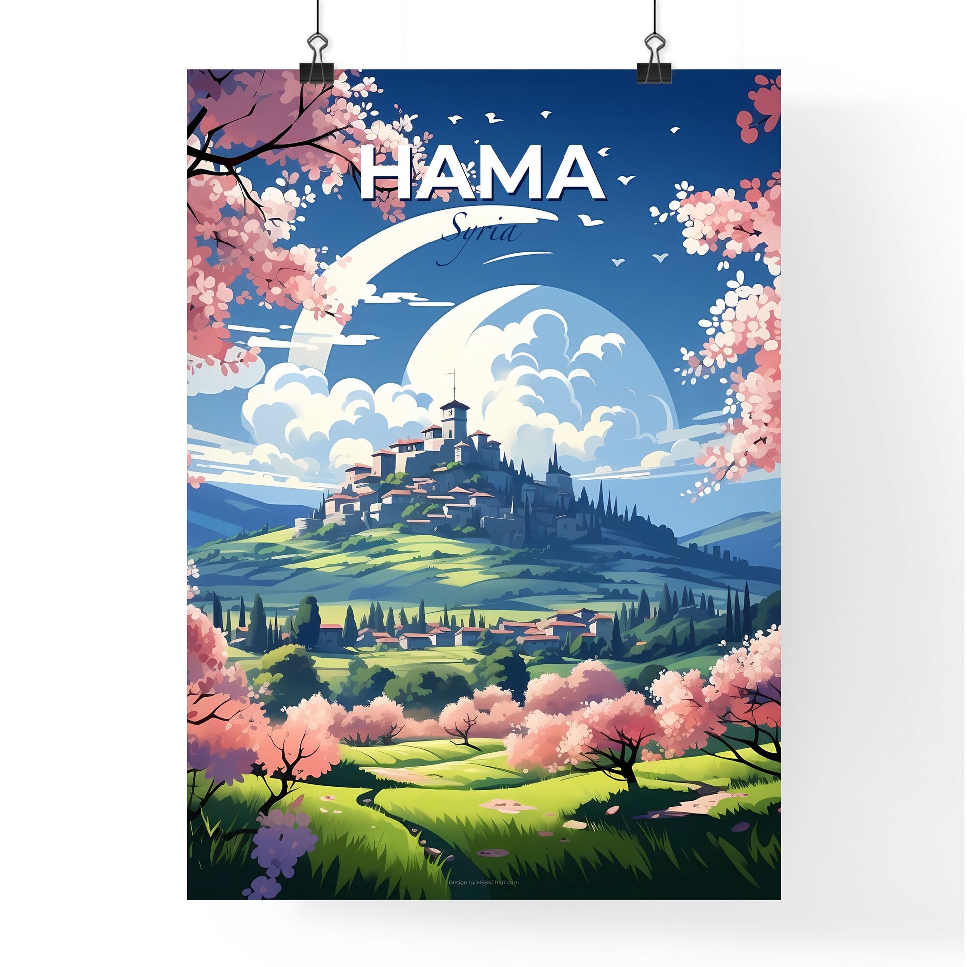 Picturesque Hama Syria Skyline Depicts Hilltop Castle Amidst Verdant Landscape and Azure Sky in Painterly Style Default Title