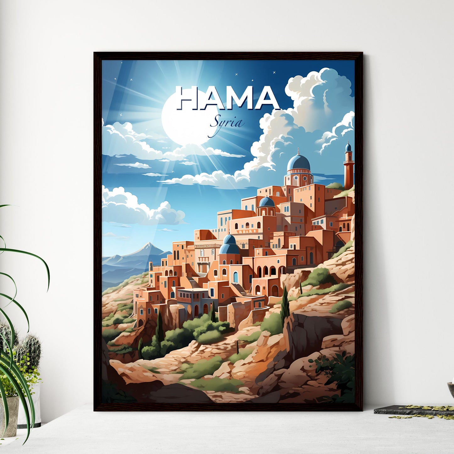 Cityscape Artwork: Vibrant Cartoon Painting of Hama Syria Skyline Default Title