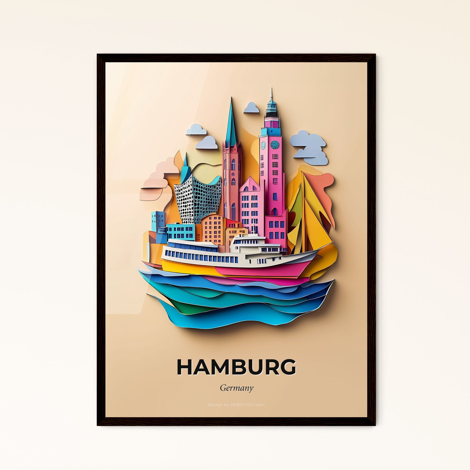 Vivid Hamburg, Germany - a paper cut of a city with a boat