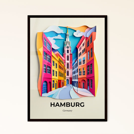 Vivid Hamburg, Germany - a clock tower is shown in a paper cut style