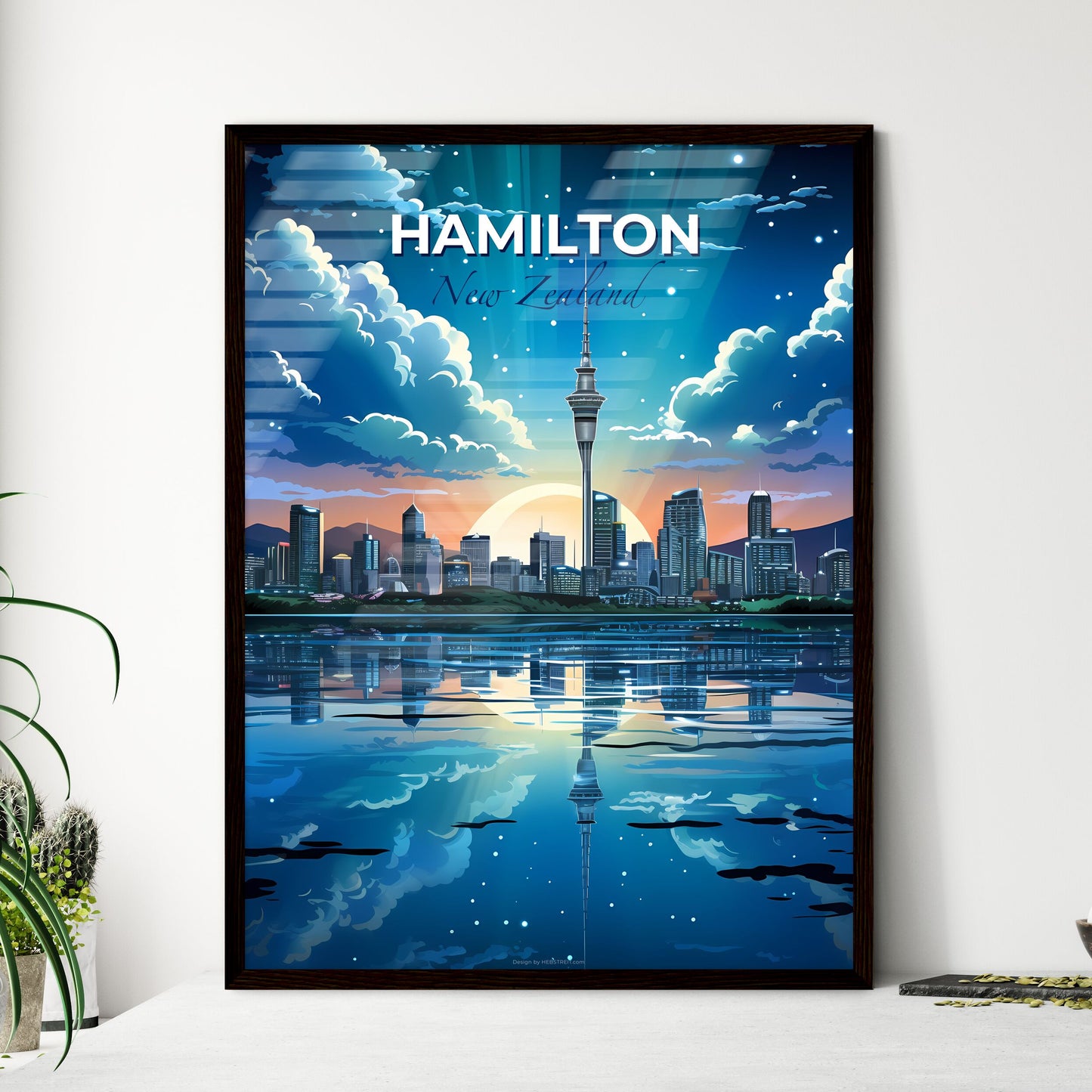 City Skyline Painting, Hamilton New Zealand, Vibrant, Artistic Representation, Sun Reflection Default Title