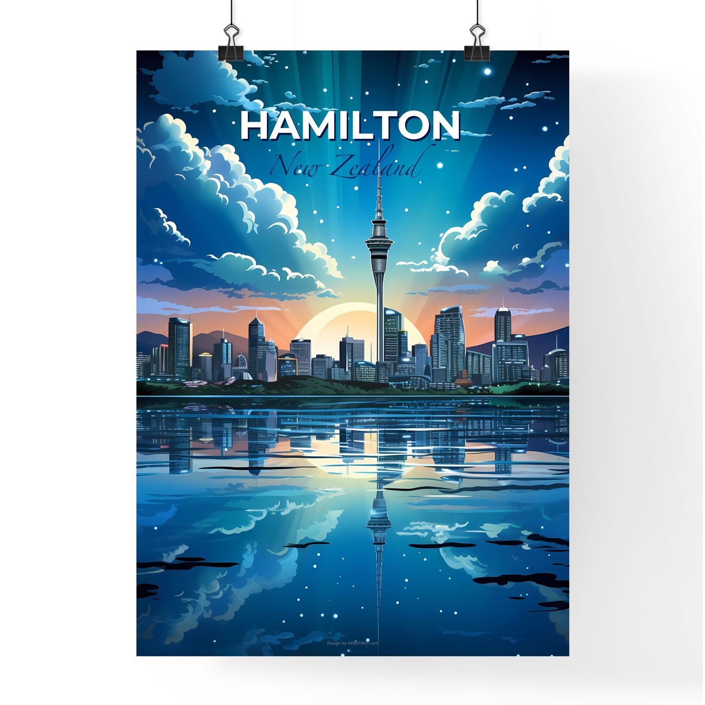 City Skyline Painting, Hamilton New Zealand, Vibrant, Artistic Representation, Sun Reflection Default Title