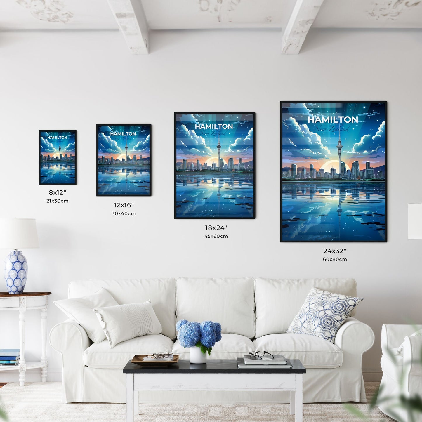 City Skyline Painting, Hamilton New Zealand, Vibrant, Artistic Representation, Sun Reflection Default Title