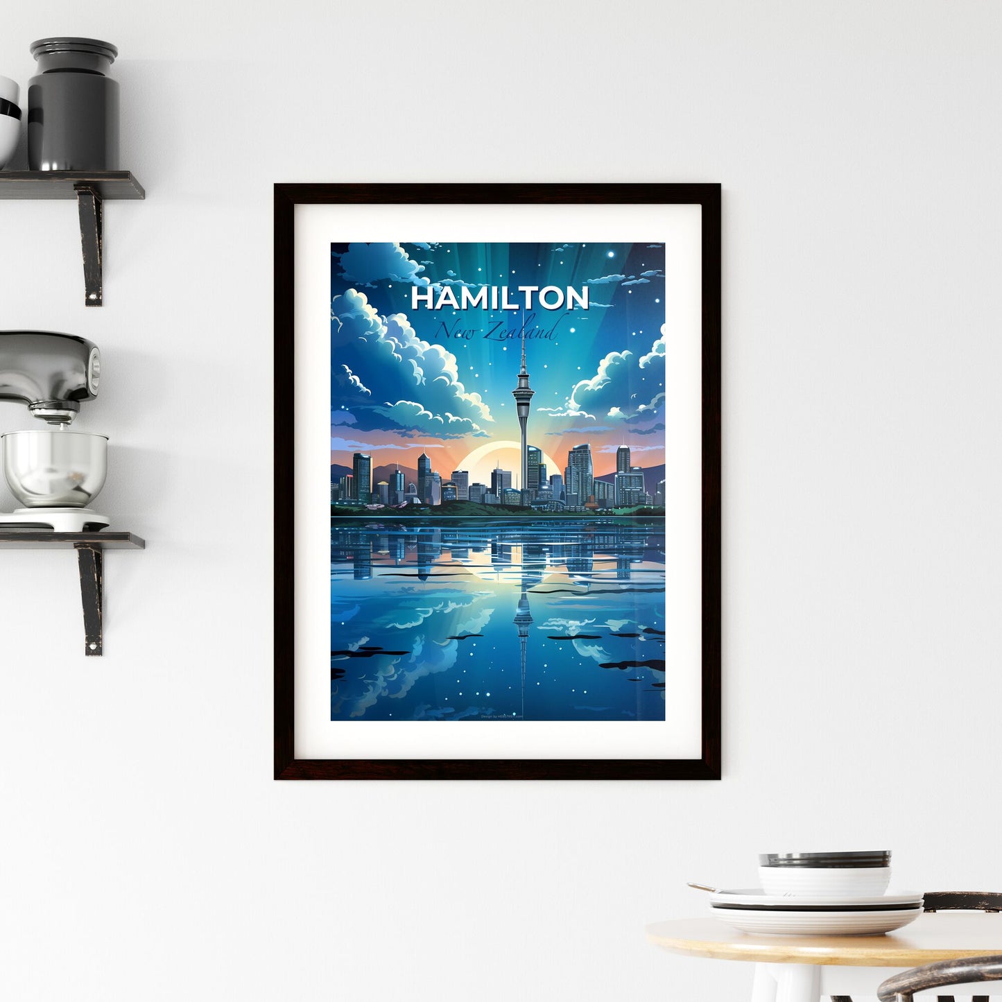 City Skyline Painting, Hamilton New Zealand, Vibrant, Artistic Representation, Sun Reflection Default Title