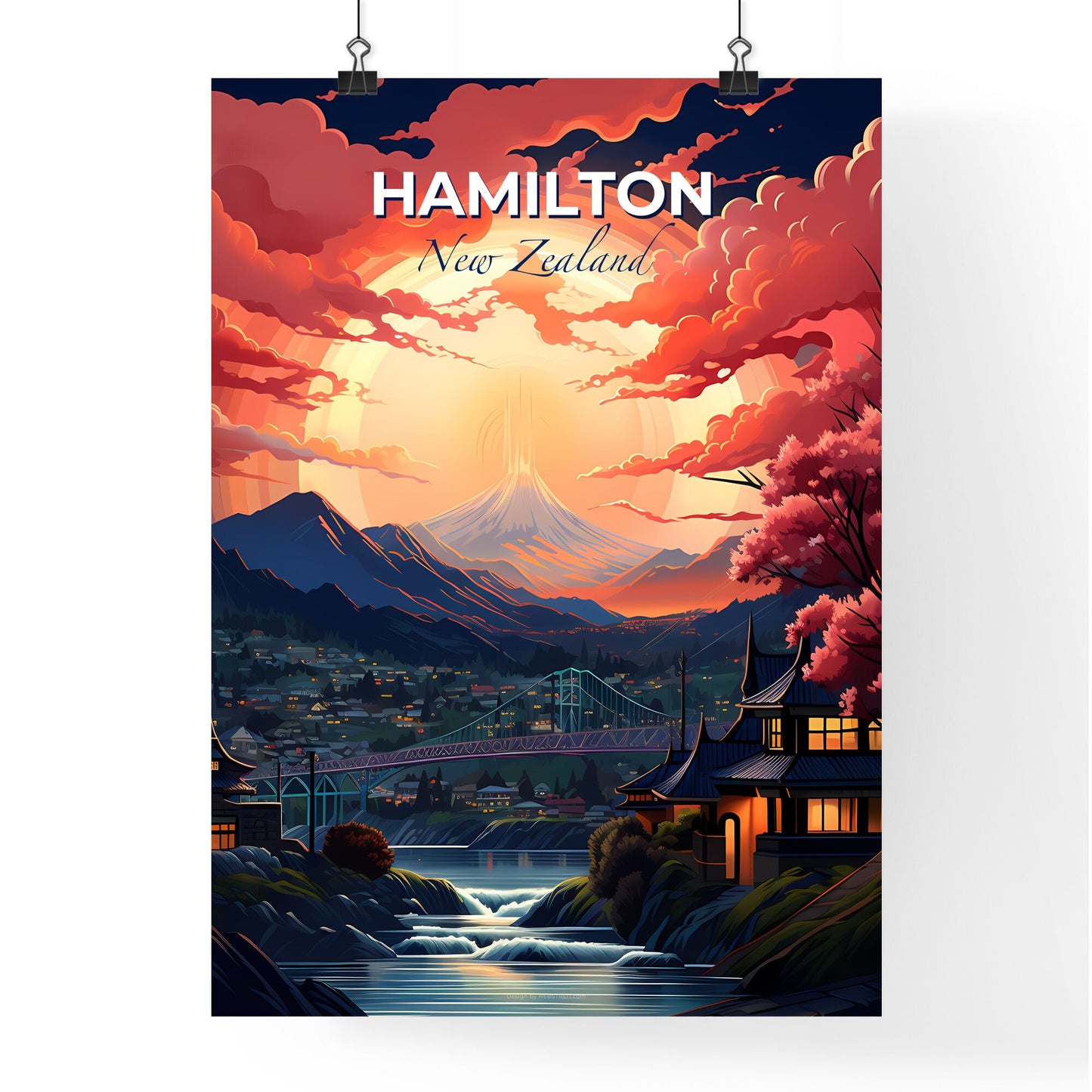 Hamilton City Skyline - Vibrant Landscape with Bridge, Mountains, and City View in New Zealand Default Title