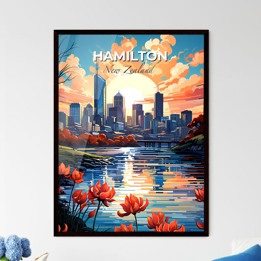 Cityscape Art of Hamilton Skyline with Vibrant Red Flowers and Iconic Bridge Default Title