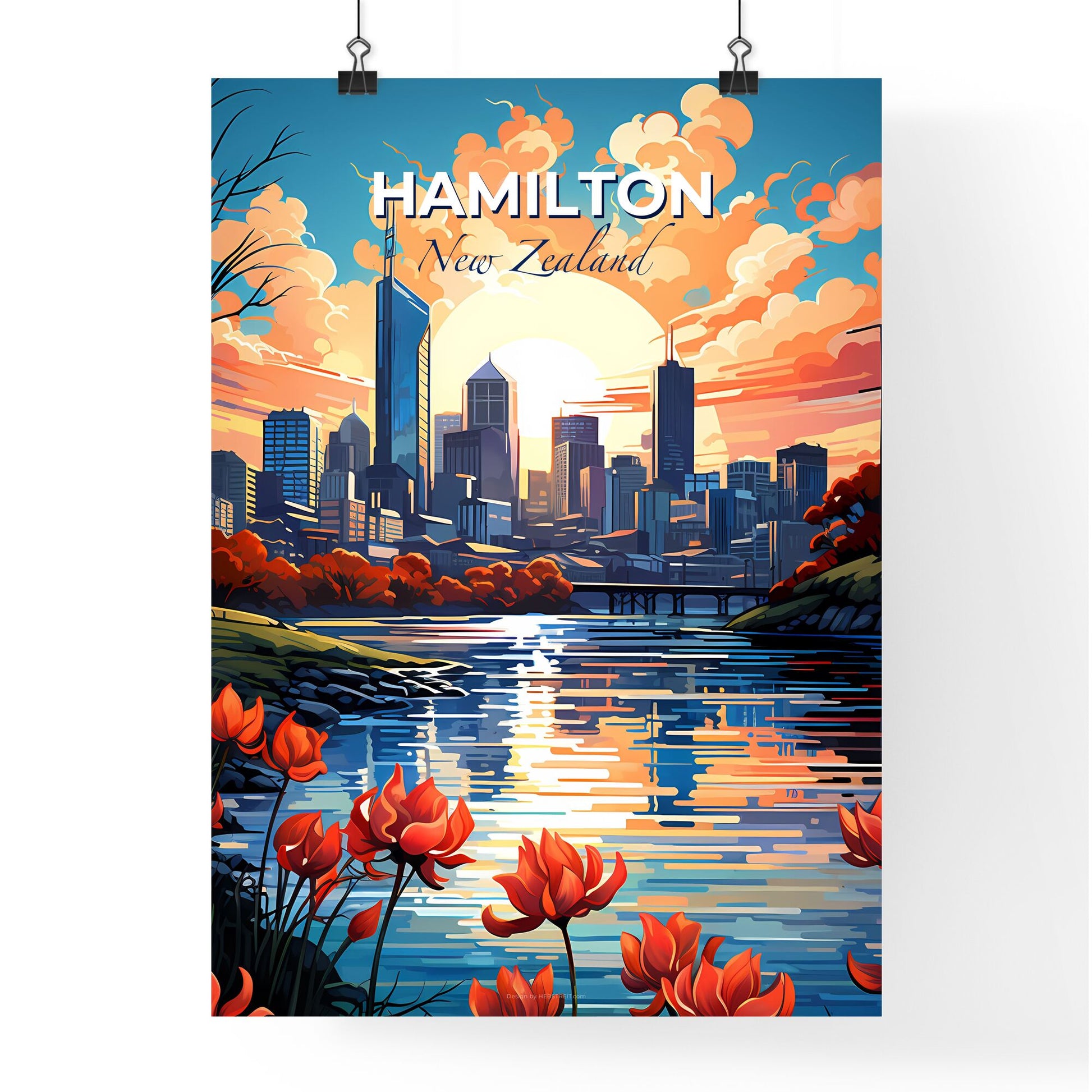 Cityscape Art of Hamilton Skyline with Vibrant Red Flowers and Iconic Bridge Default Title