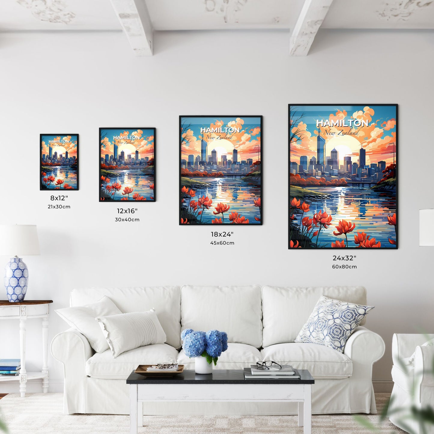 Cityscape Art of Hamilton Skyline with Vibrant Red Flowers and Iconic Bridge Default Title