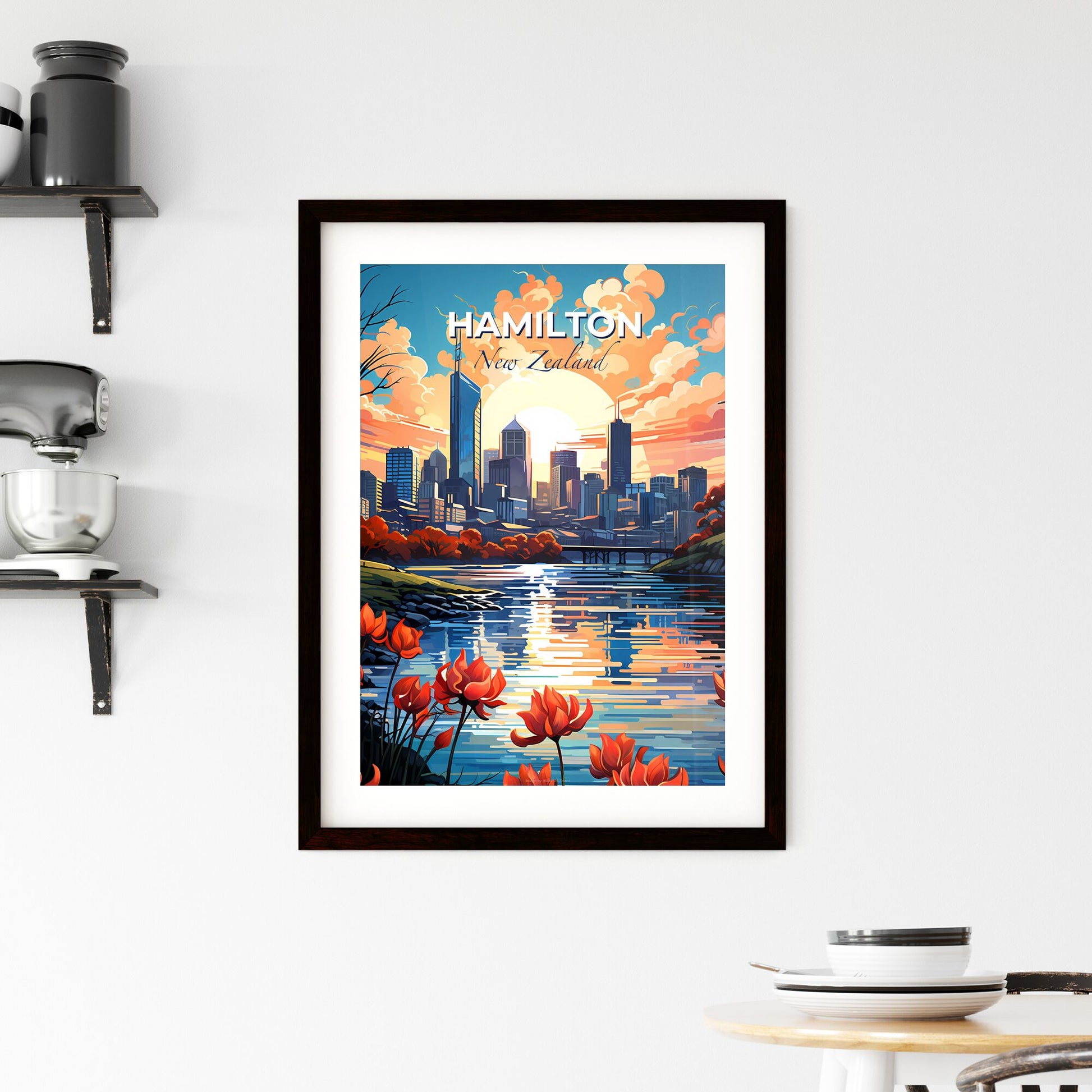 Cityscape Art of Hamilton Skyline with Vibrant Red Flowers and Iconic Bridge Default Title