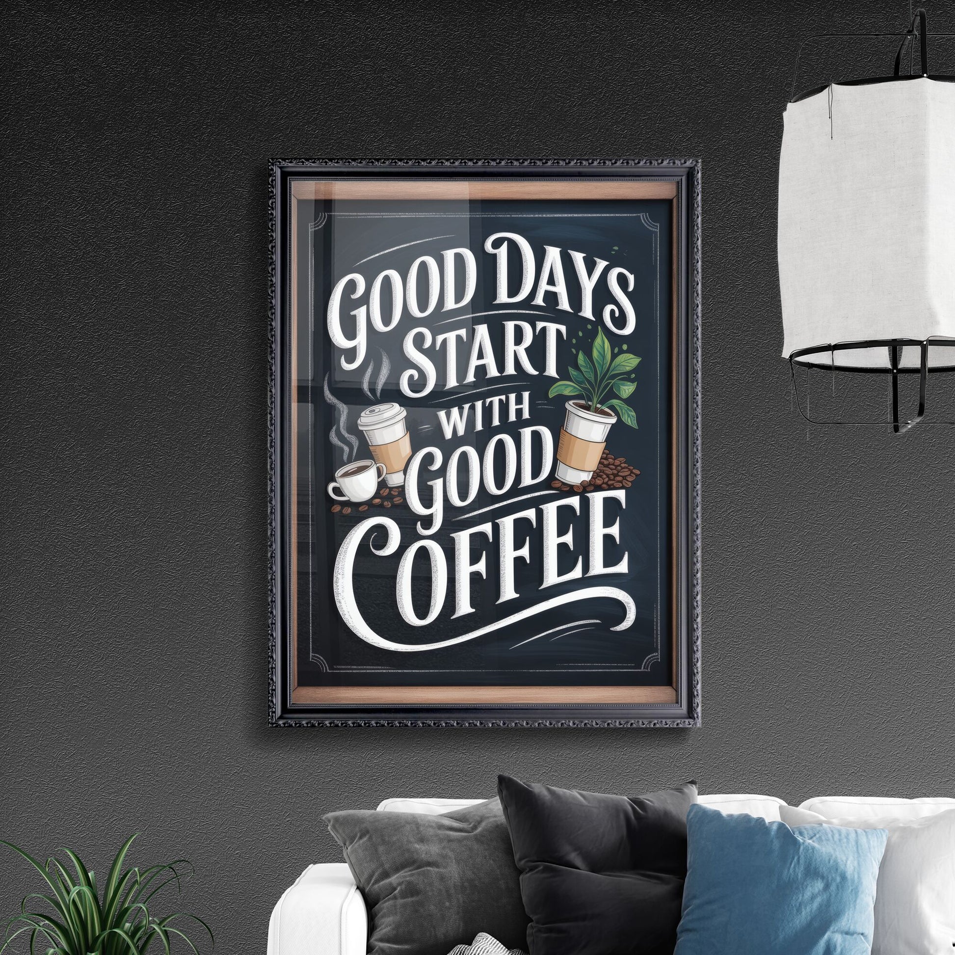 Hand-painted Coffee Motivational Sign Featuring Chic Design with Cups and Coffee Beans for Cafe Decor.