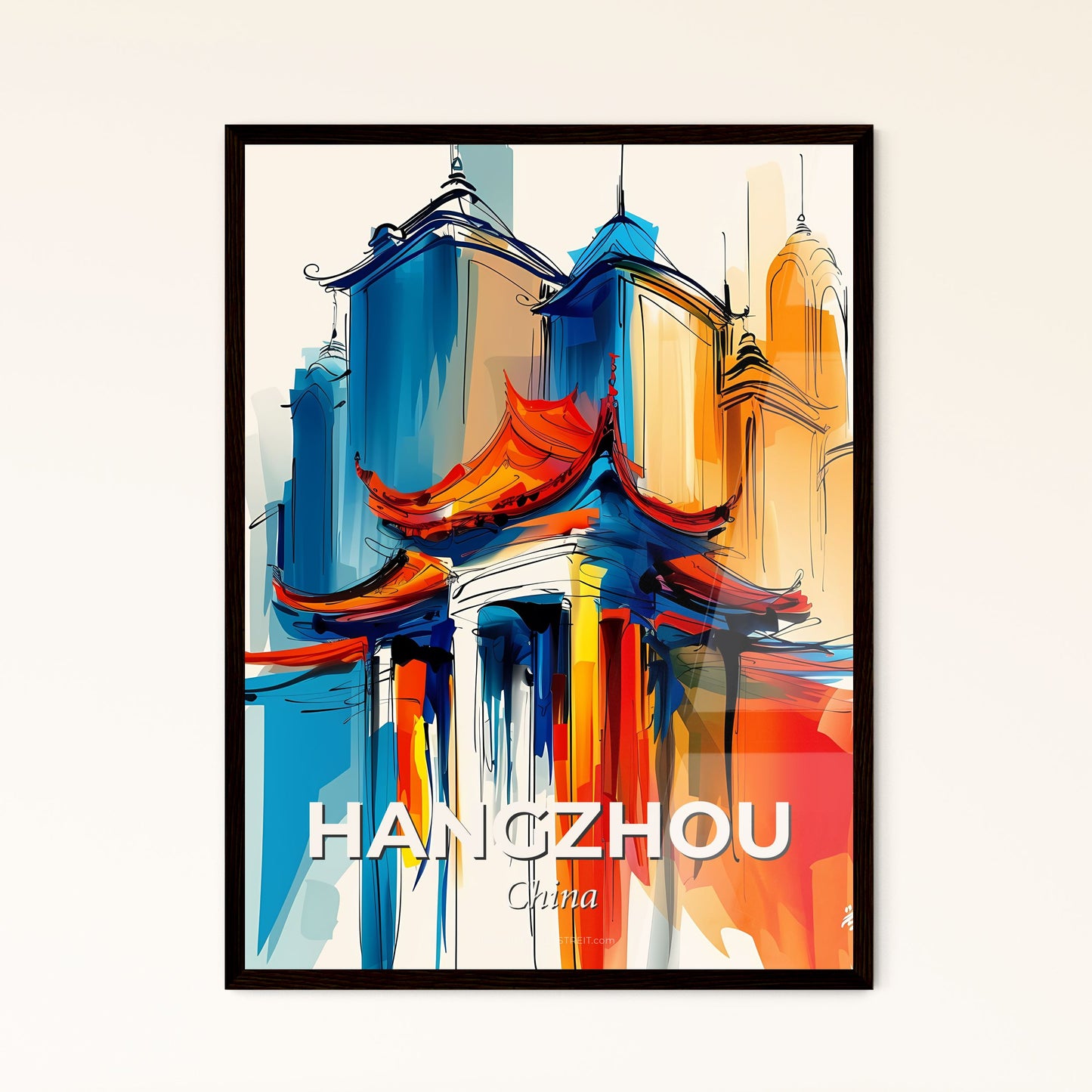 Vibrant Hangzhou, China - A Painting Of A Building