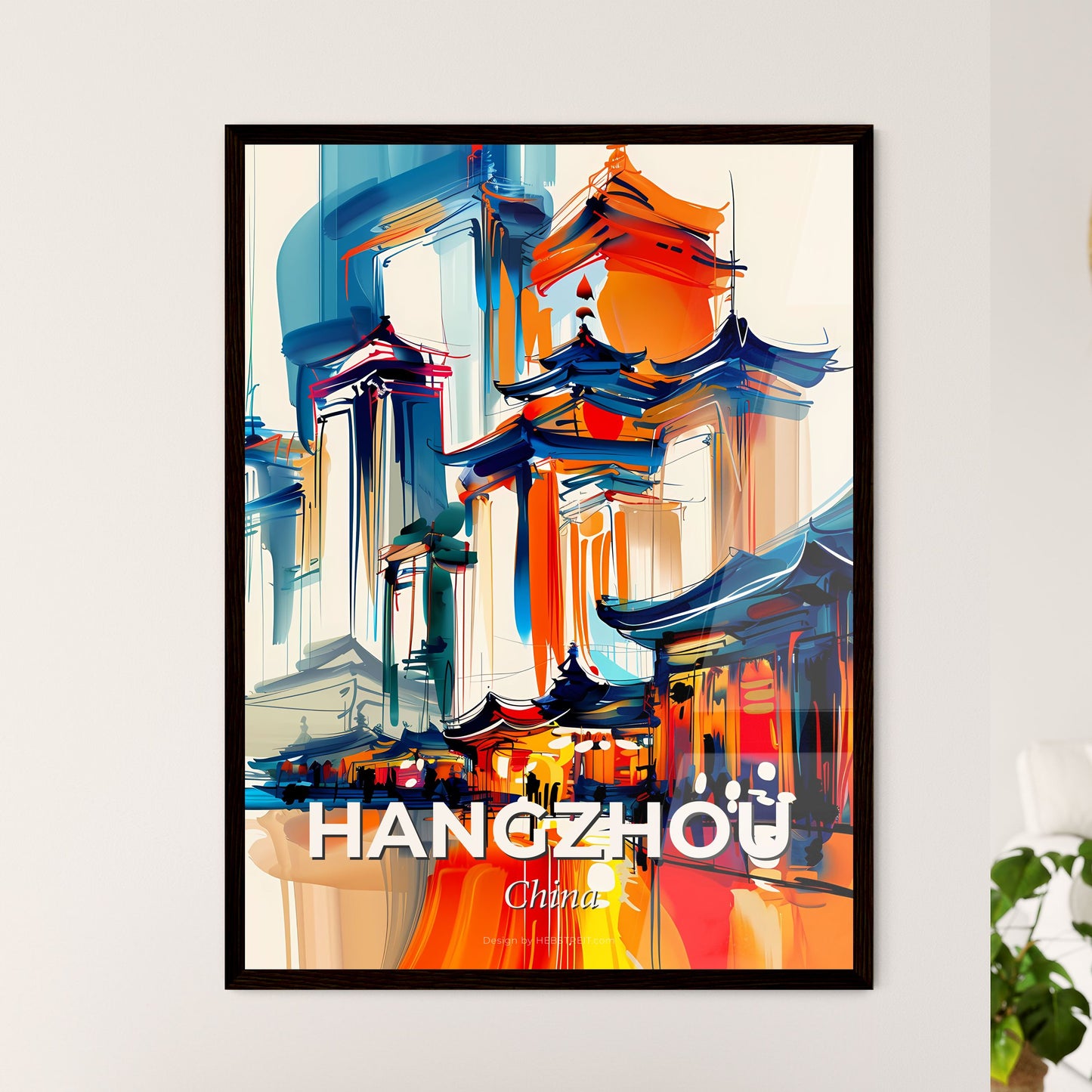 Vibrant Hangzhou, China - A Painting Of A Building