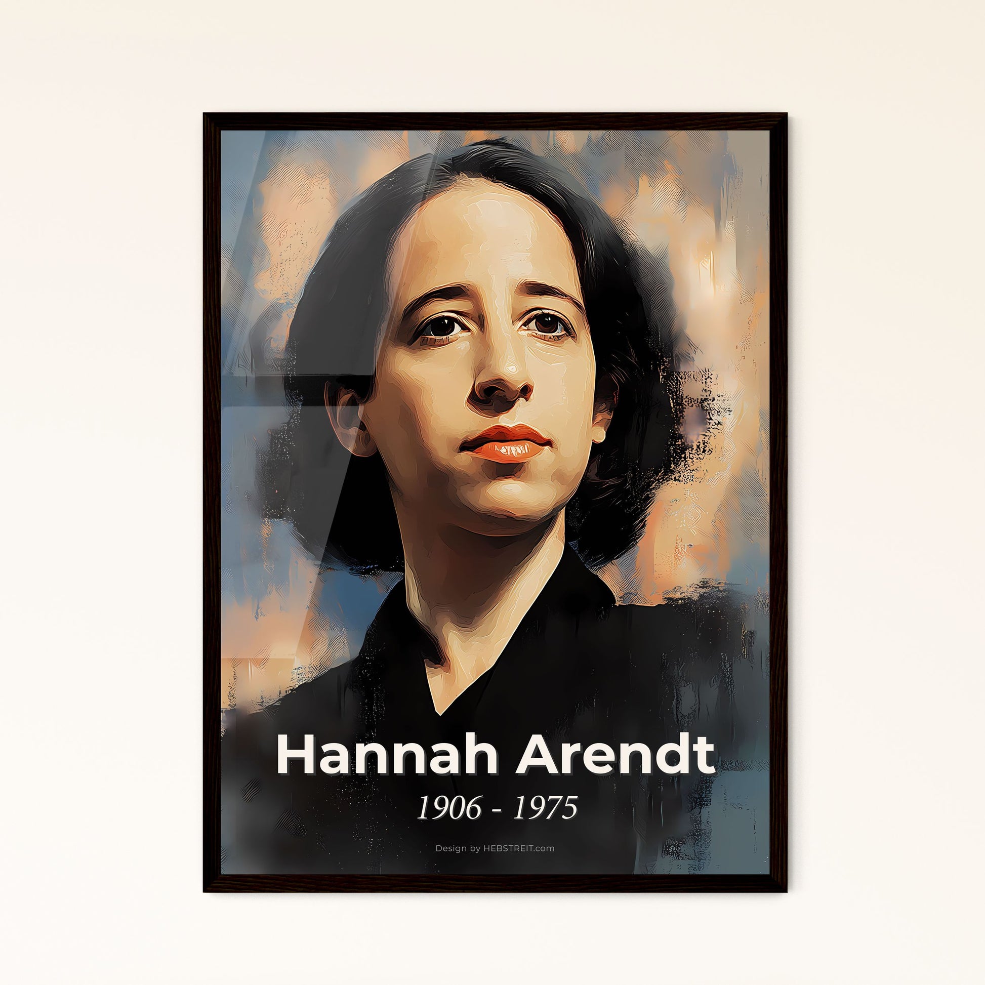 Portrait of Hannah Arendt, 1906 - 1975. Impressionistic painting of a woman with dark hair wearing a black shirt.