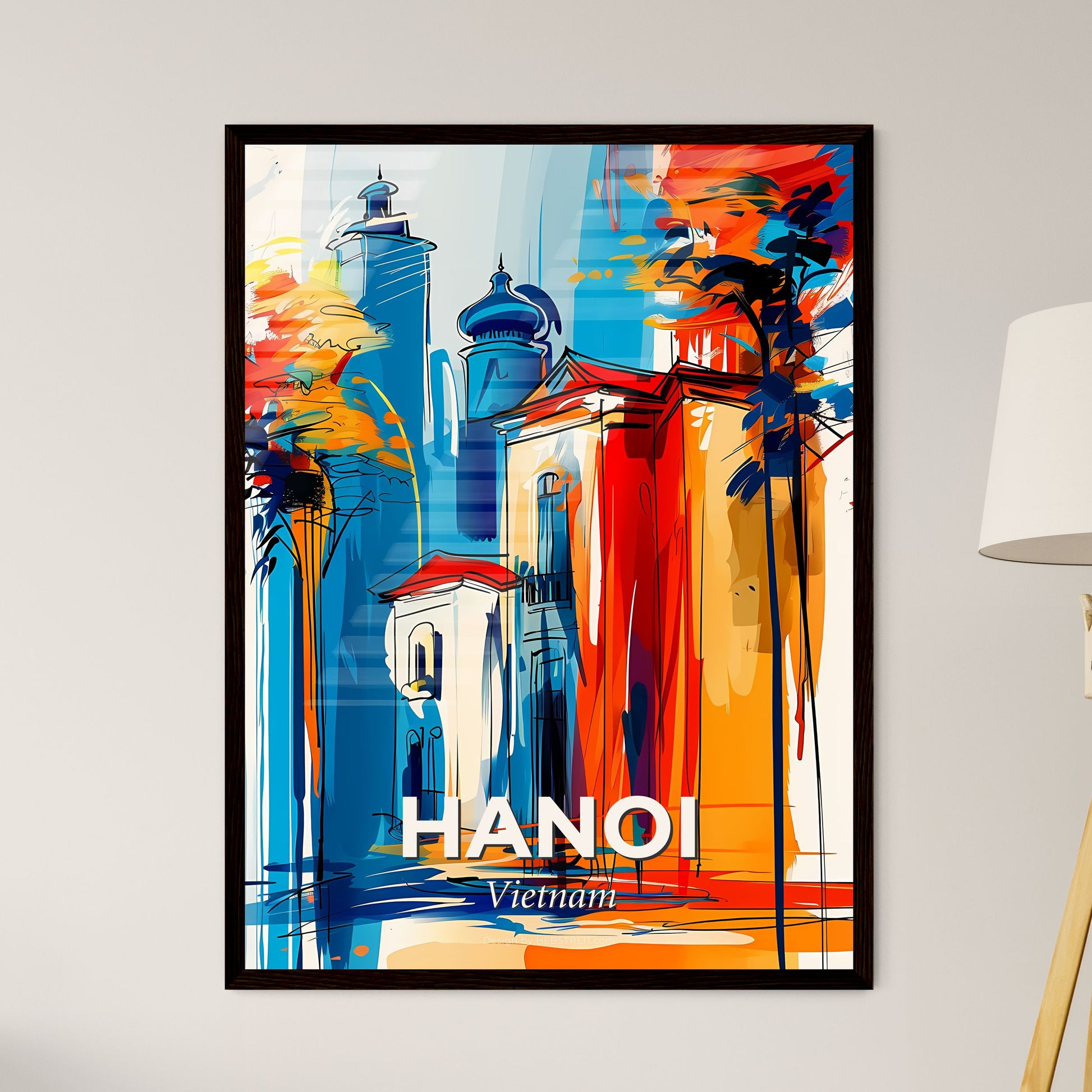 Vibrant Hanoi, Vietnam - A Painting Of A Building With Palm Trees