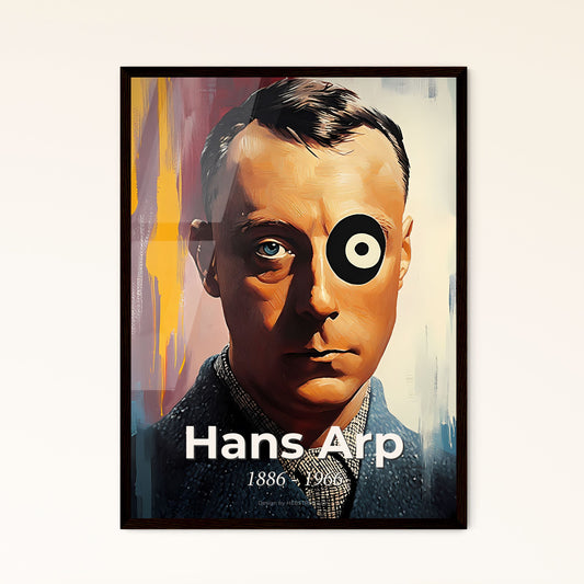 Portrait of Hans Arp, 1886 - 1966. Impressionistic painting of a man with a black and white circle on his eye.