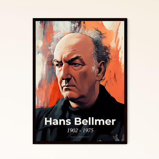 Portrait of Hans Bellmer, 1902 - 1975. Impressionistic painting of a man in a black coat.